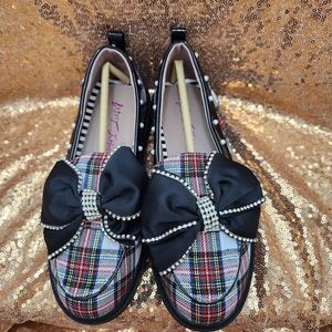 Betsey Johnson Kids Plaid Faux Pearl Rhinestone Embellished Lug Sole Soles